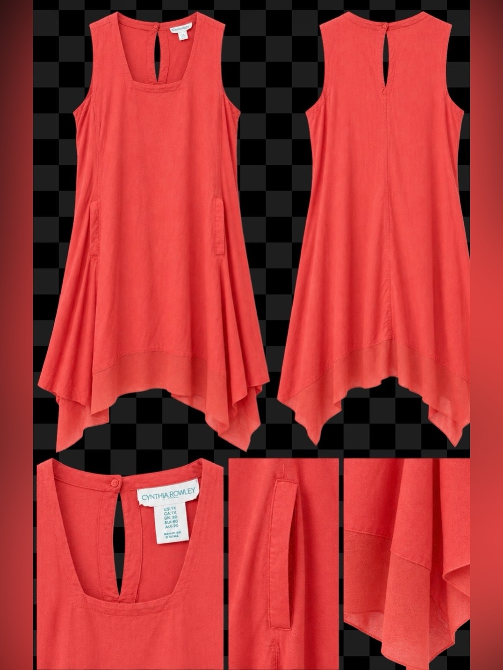 Cynthia Rowley Plus Linen Shark bite Sleeveless Handkerchief Hem Dress 1X